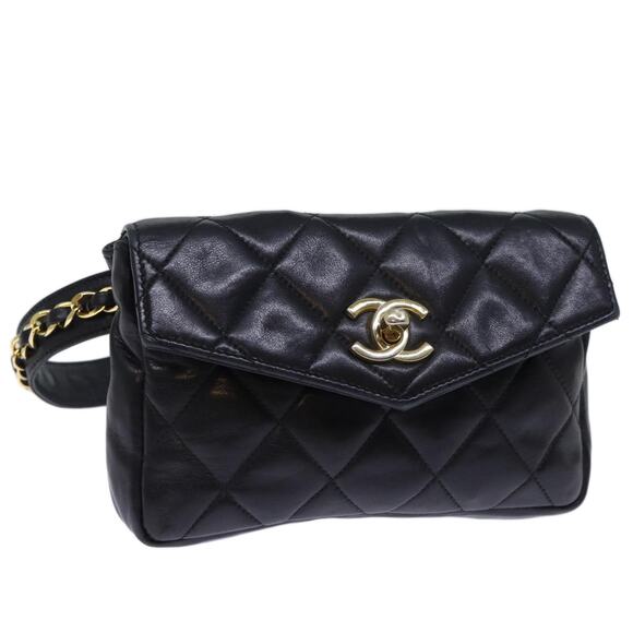 CHANEL Matelasse Turn Lock Waist Bag Leather Black CC - Picture 1 of 16